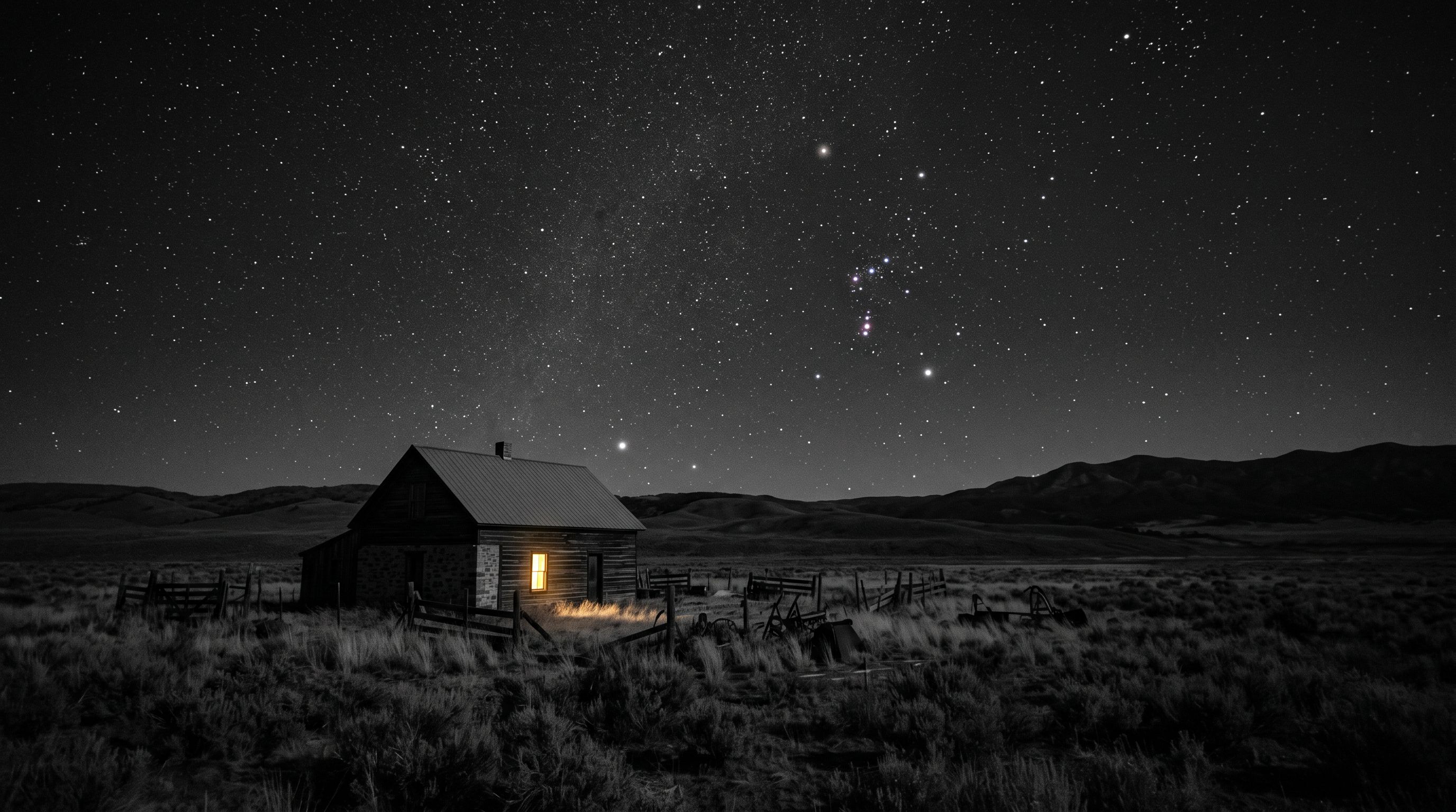 A lone Uintah Basin home at night with one warm window lit under the Orion constellation