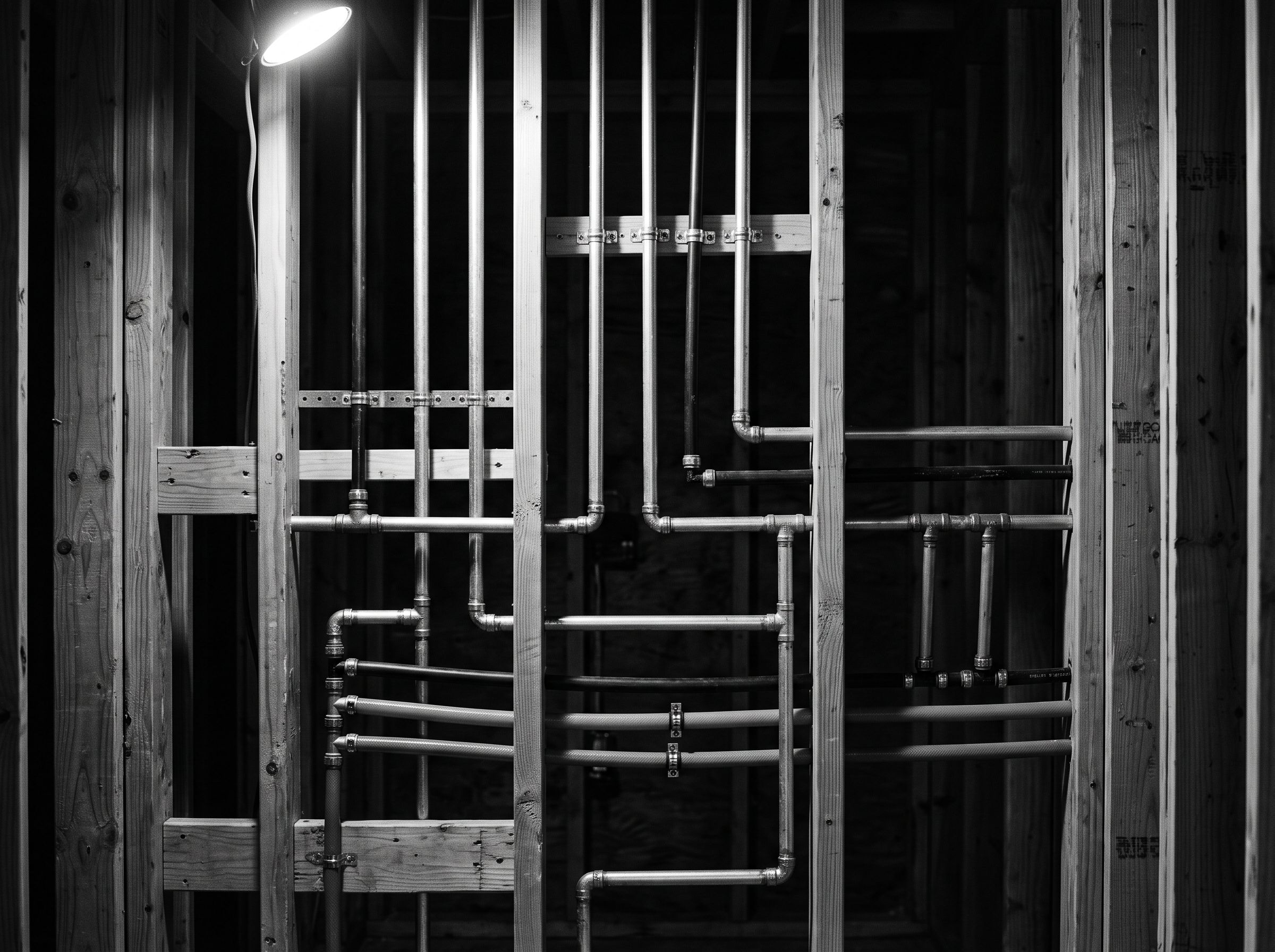 Plumbing supply and drain lines roughed into a new-construction home