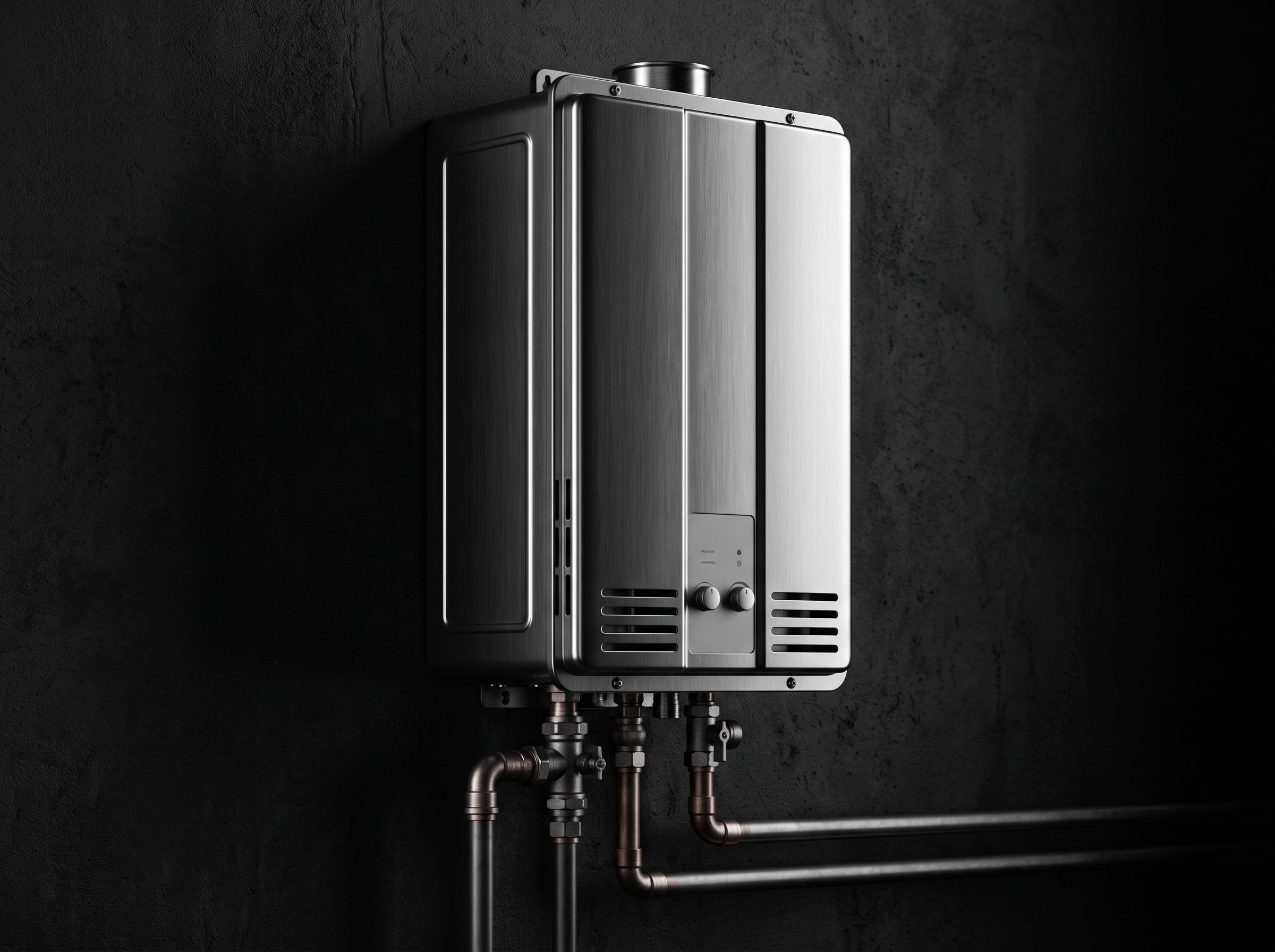 A residential water heater being serviced in a tight utility space